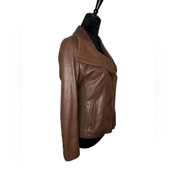 Tahari Lamb Leather Brown Moto Jacket sz M - Picture 6 of 15
